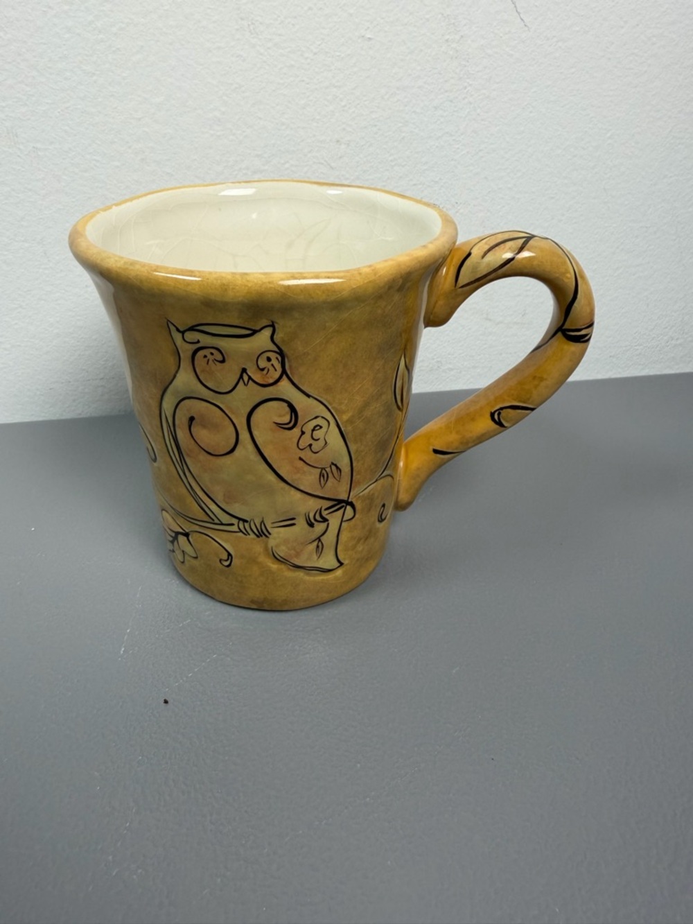 Susan Winget Certified International Owl On Tree Branch Mug Mustard Yellow